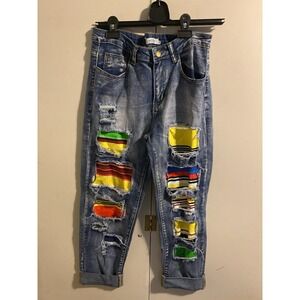 Misslook Distressed Ripped Patchwork Skinny Jeans Women's Size S Rainbow Stripe